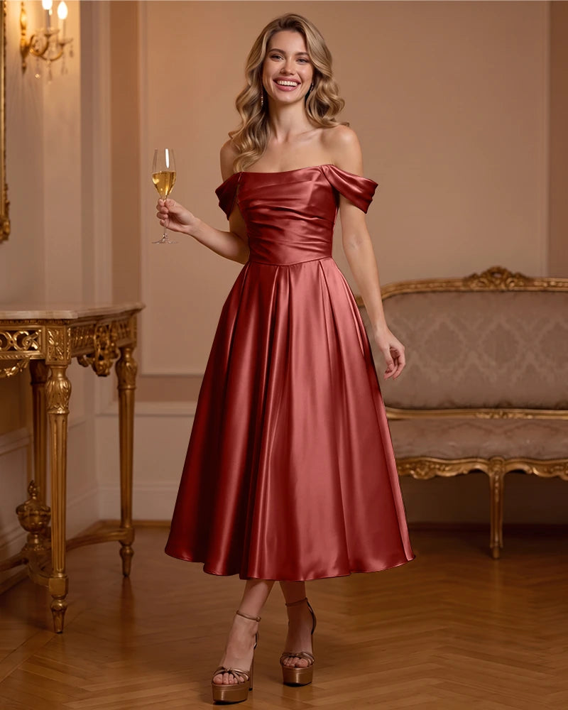A Line Satin Off Shoulder Formal Dress with Natural Waist