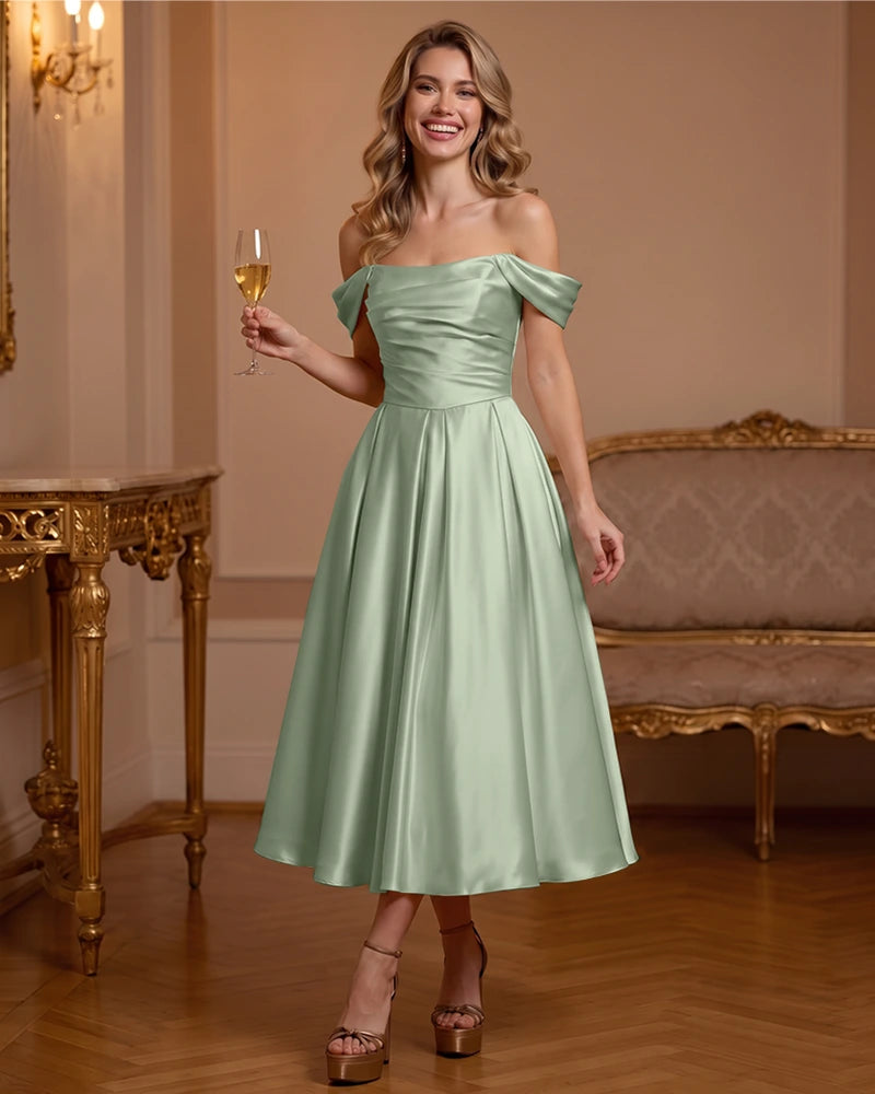 A Line Satin Off Shoulder Formal Dress with Natural Waist