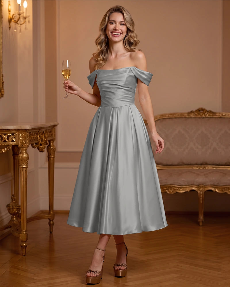 A Line Satin Off Shoulder Formal Dress with Natural Waist
