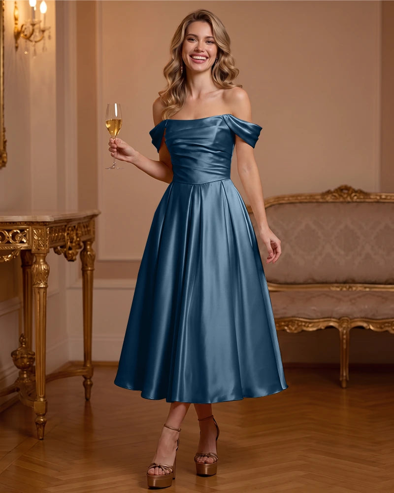 A Line Satin Off Shoulder Formal Dress with Natural Waist
