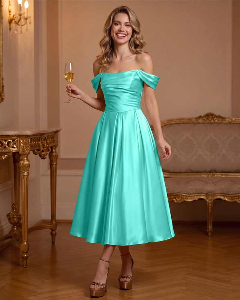 A Line Satin Off Shoulder Formal Dress with Natural Waist