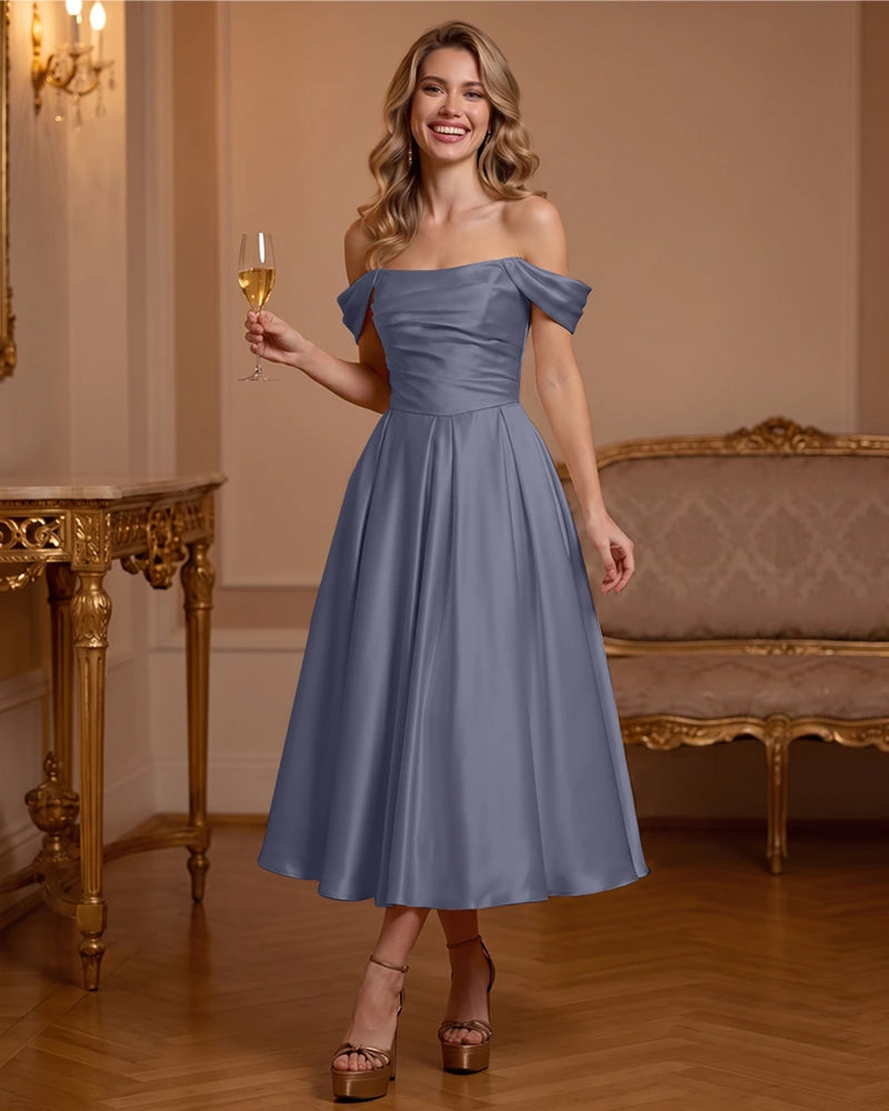 A Line Satin Off Shoulder Formal Dress with Natural Waist