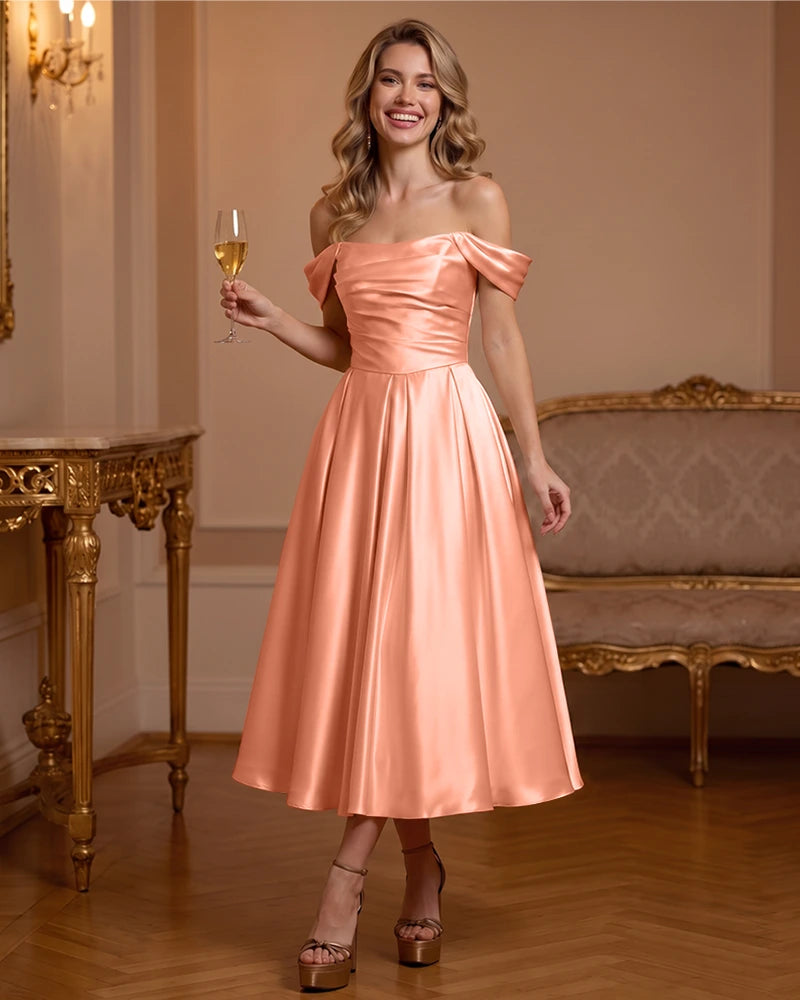 A Line Satin Off Shoulder Formal Dress with Natural Waist