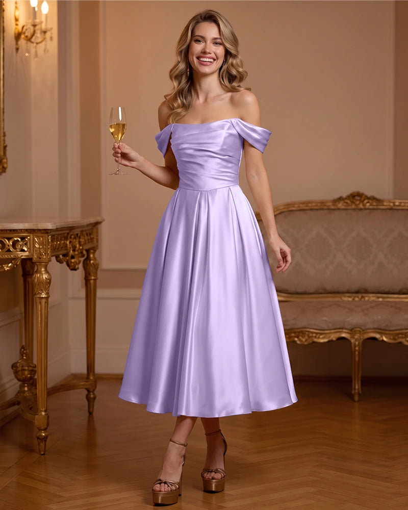 A Line Satin Off Shoulder Formal Dress with Natural Waist