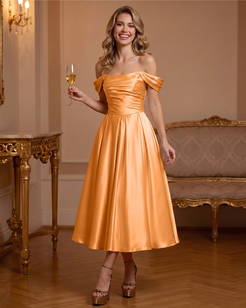 A Line Satin Off Shoulder Formal Dress with Natural Waist