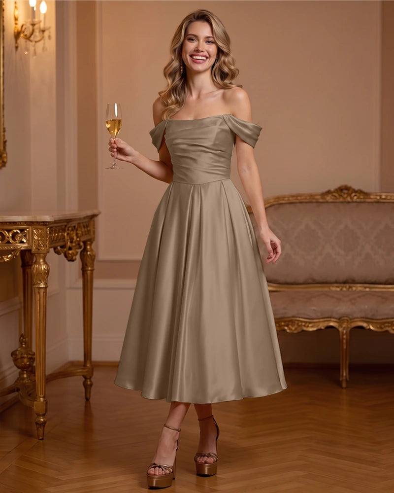 A Line Satin Off Shoulder Formal Dress with Natural Waist