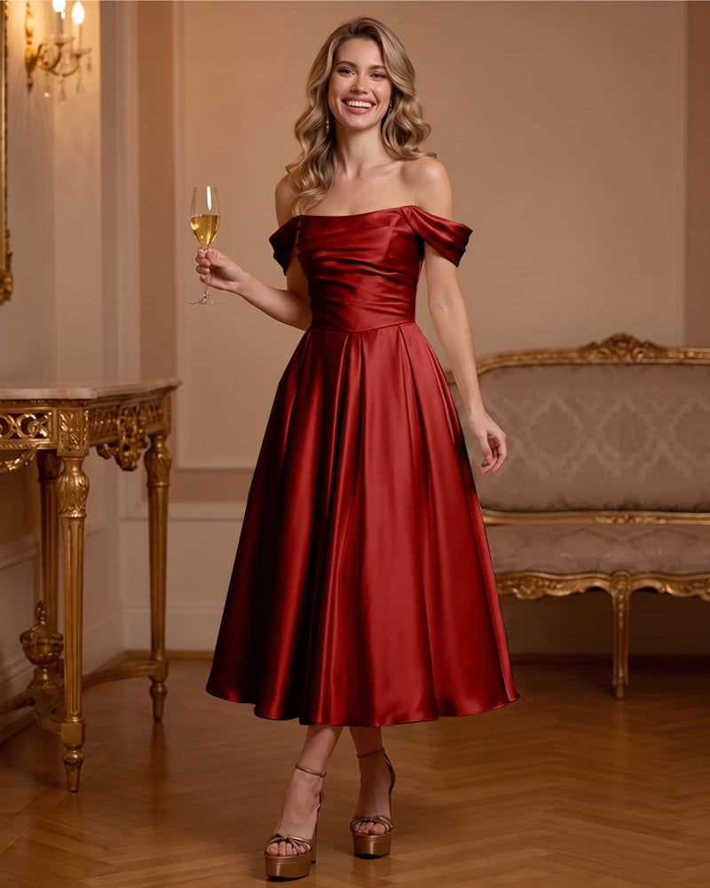 A Line Satin Off Shoulder Formal Dress with Natural Waist