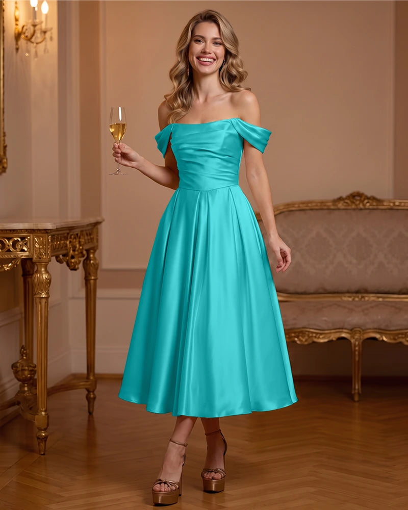 A Line Satin Off Shoulder Formal Dress with Natural Waist