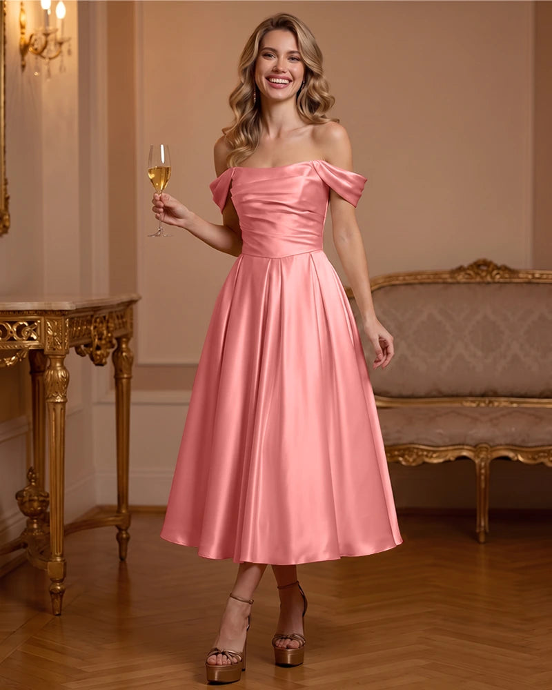 A Line Satin Off Shoulder Formal Dress with Natural Waist