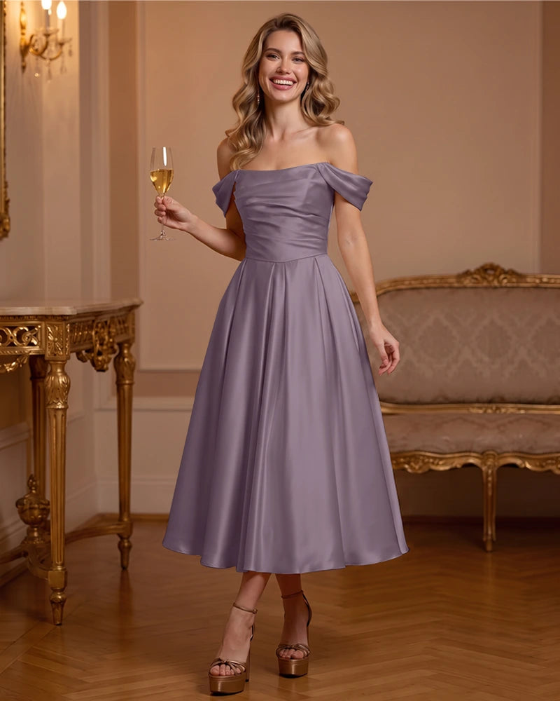 A Line Satin Off Shoulder Formal Dress with Natural Waist