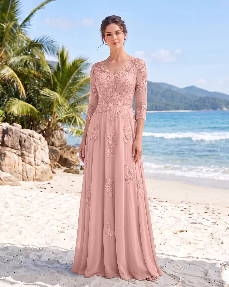 V Neck Mother of the Bride Dress with Floral Appliques