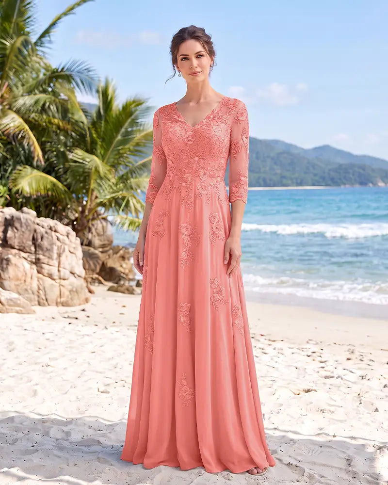 V Neck Mother of the Bride Dress with Floral Appliques
