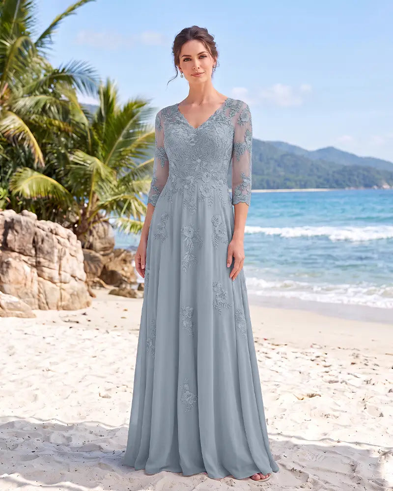 V Neck Mother of the Bride Dress with Floral Appliques