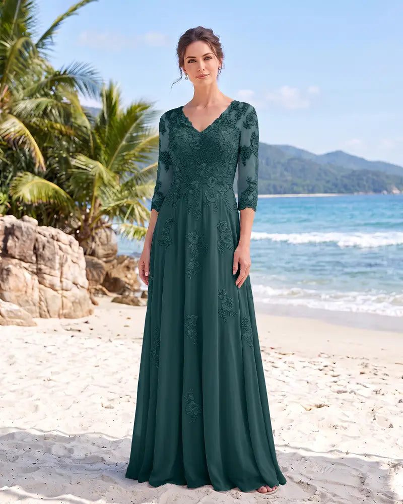 V Neck Mother of the Bride Dress with Floral Appliques