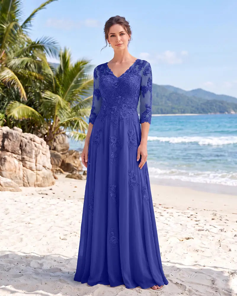 V Neck Mother of the Bride Dress with Floral Appliques