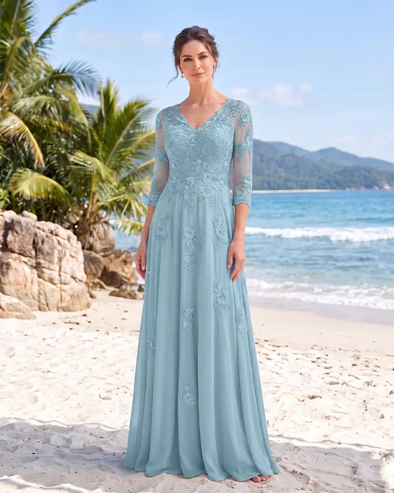 V Neck Mother of the Bride Dress with Floral Appliques