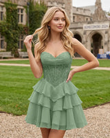 Strapless Corset Tiered Ruffle Homecoming Mini Dress With Lace