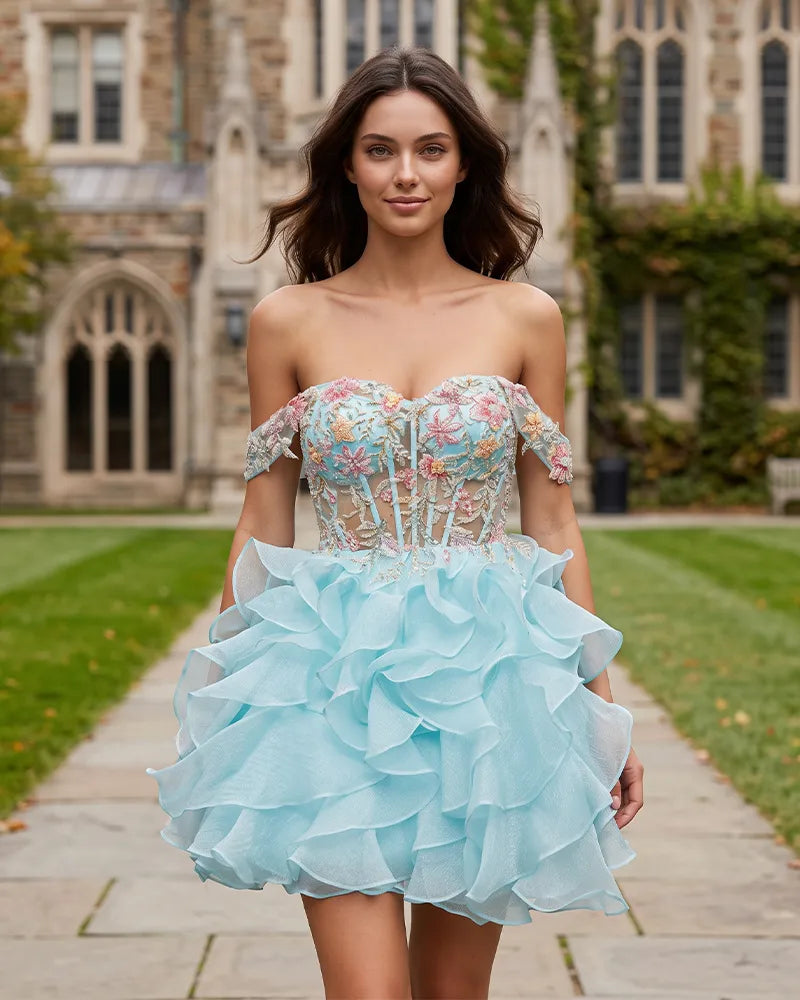 Off Shoulder 3D Floral Tiered Organza Mini Homecoming Dress