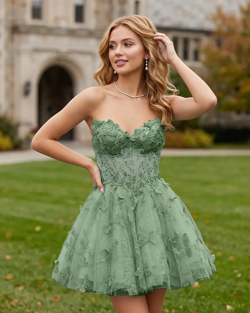 3D Butterfly Strapless Sweetheart Mini Homecoming Dress