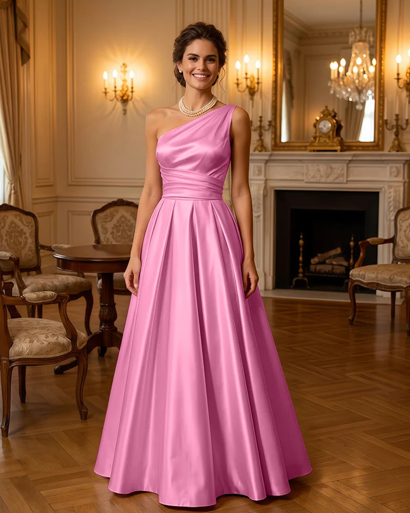 Satin Midi Dress Formal Occasion Gown with Ruched Bodice