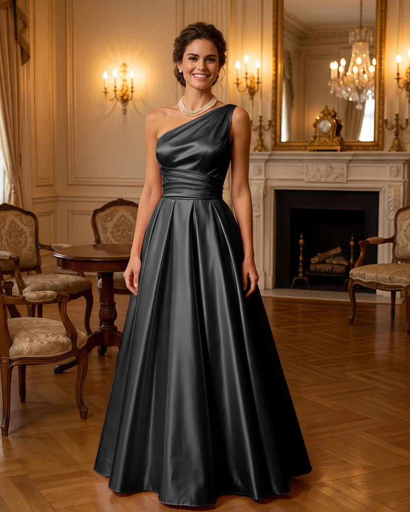 Satin Midi Dress Formal Occasion Gown with Ruched Bodice