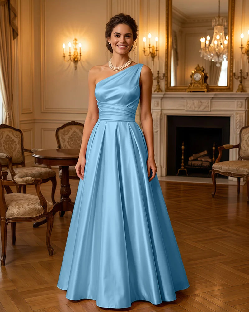 Satin Midi Dress Formal Occasion Gown with Ruched Bodice