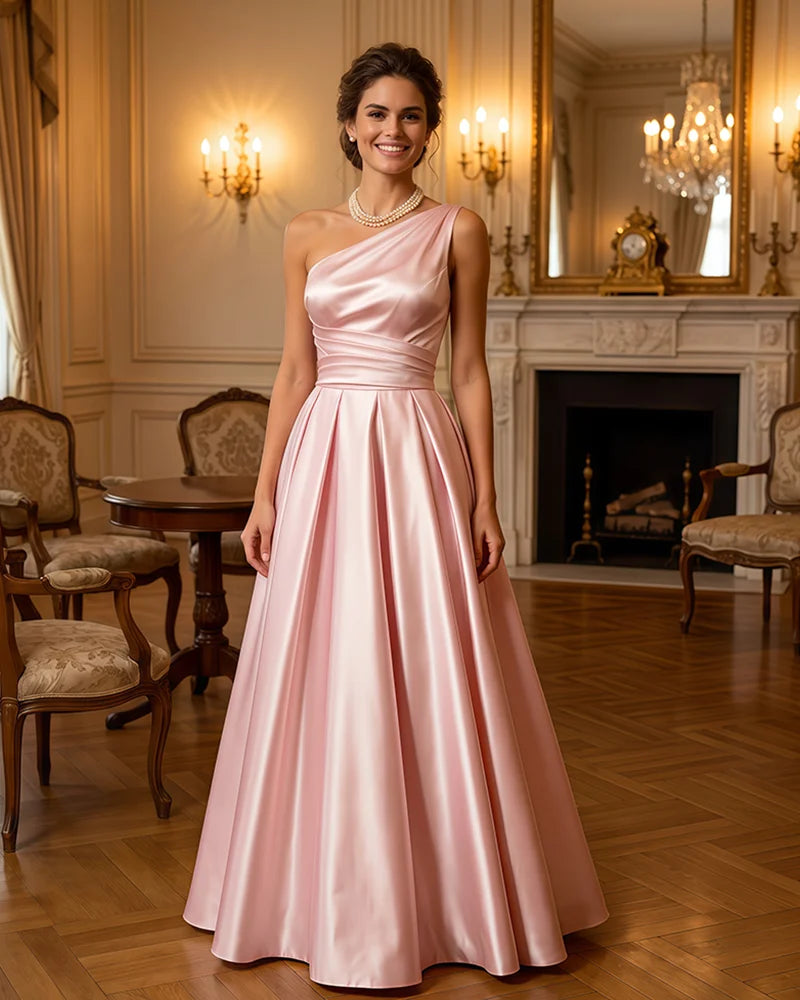 Satin Midi Dress Formal Occasion Gown with Ruched Bodice