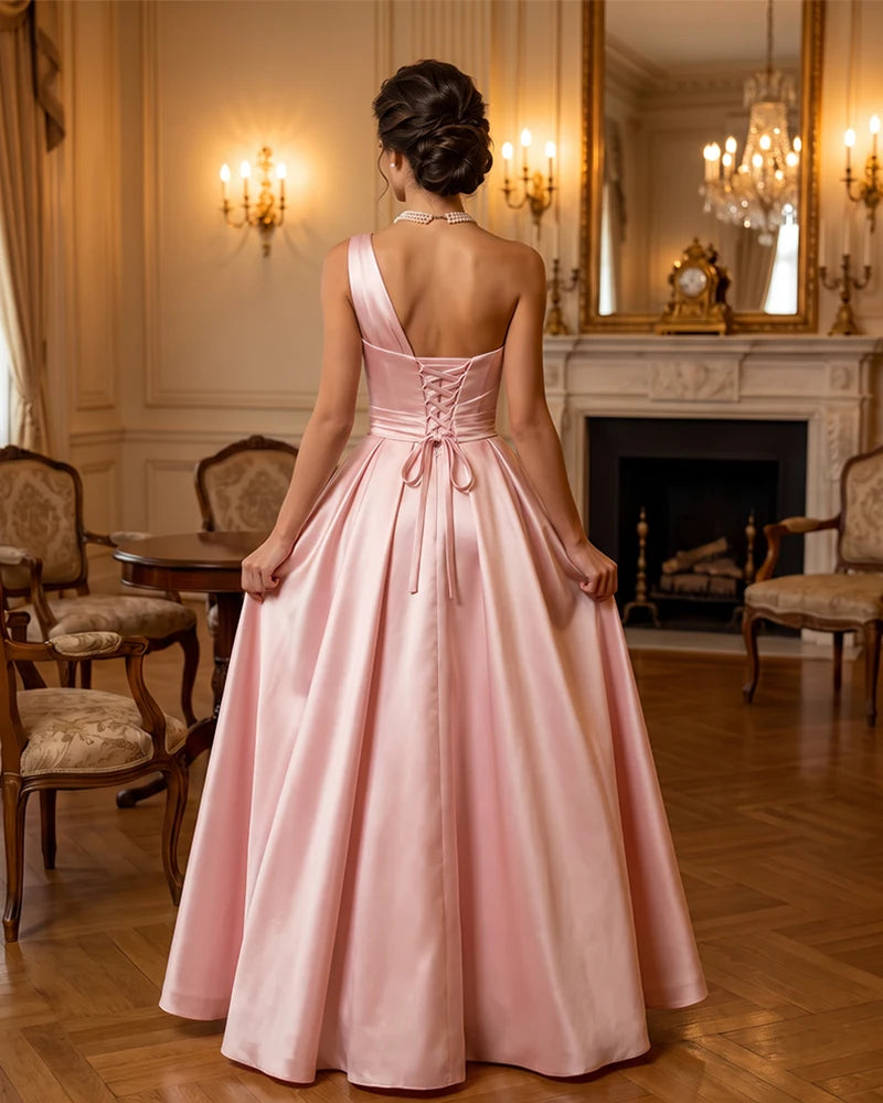 Satin Midi Dress Formal Occasion Gown with Ruched Bodice