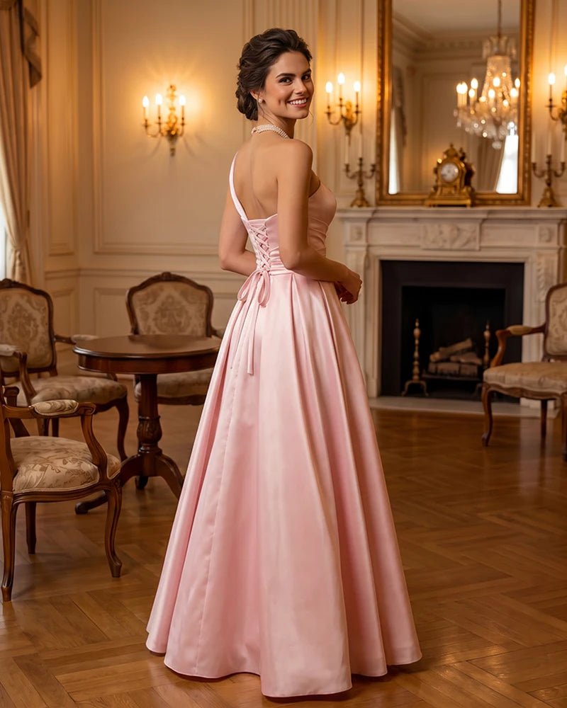 Satin Midi Dress Formal Occasion Gown with Ruched Bodice