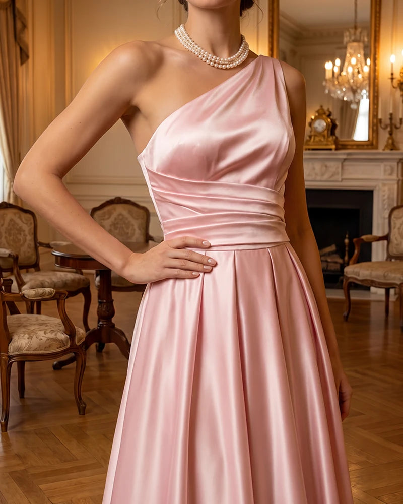 Satin Midi Dress Formal Occasion Gown with Ruched Bodice