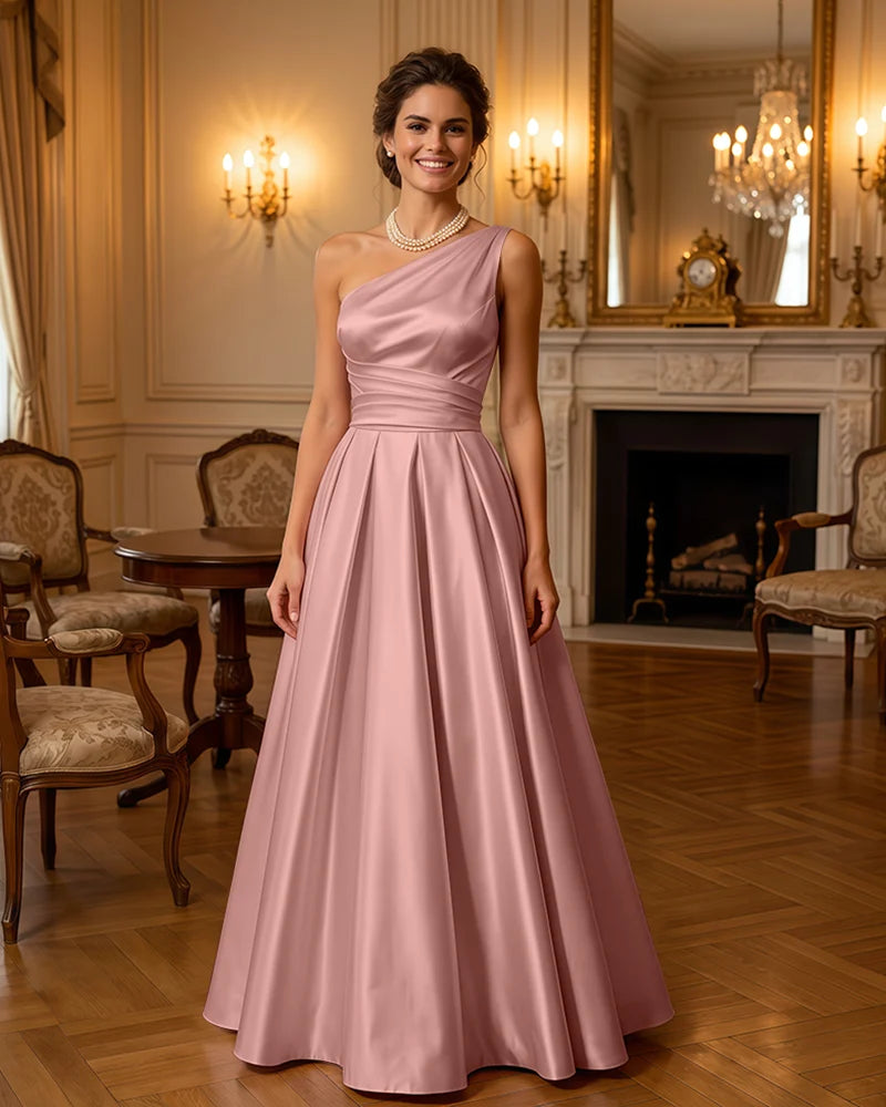 Satin Midi Dress Formal Occasion Gown with Ruched Bodice
