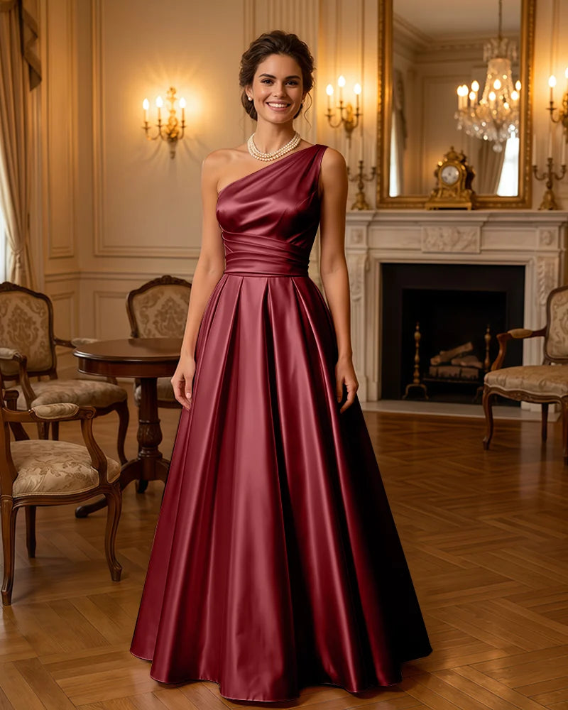 Satin Midi Dress Formal Occasion Gown with Ruched Bodice