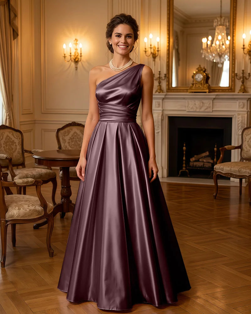 Satin Midi Dress Formal Occasion Gown with Ruched Bodice