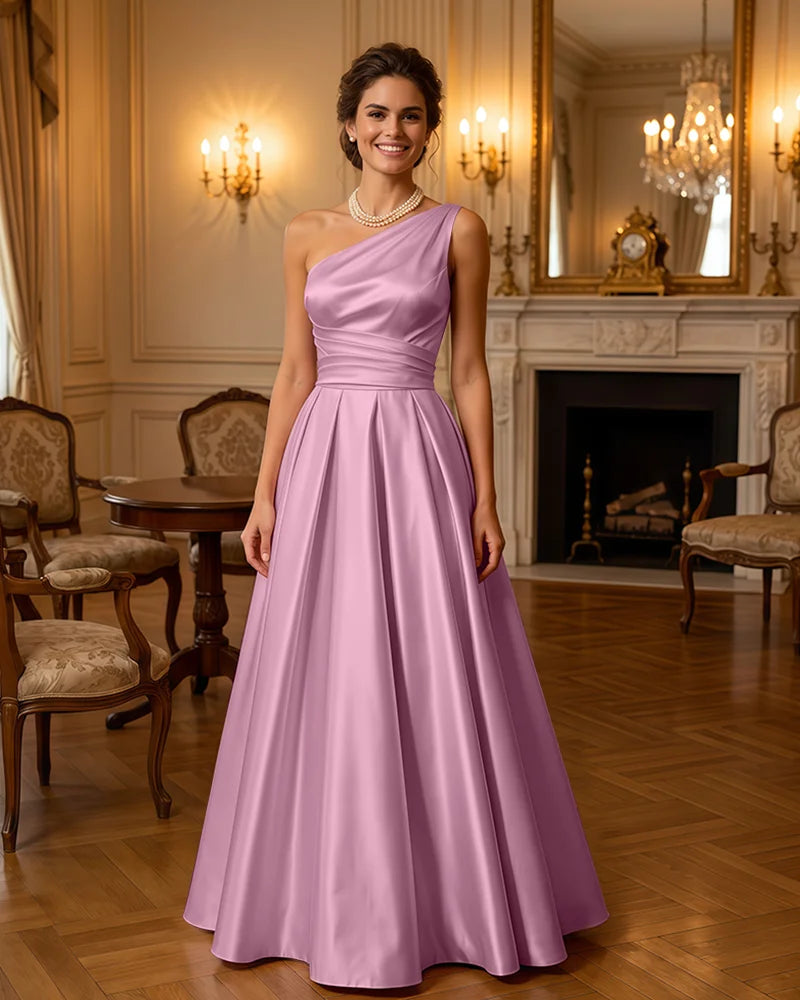 Satin Midi Dress Formal Occasion Gown with Ruched Bodice
