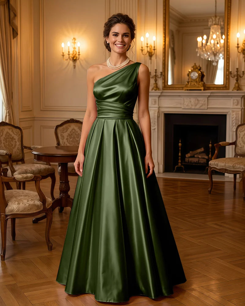 Satin Midi Dress Formal Occasion Gown with Ruched Bodice