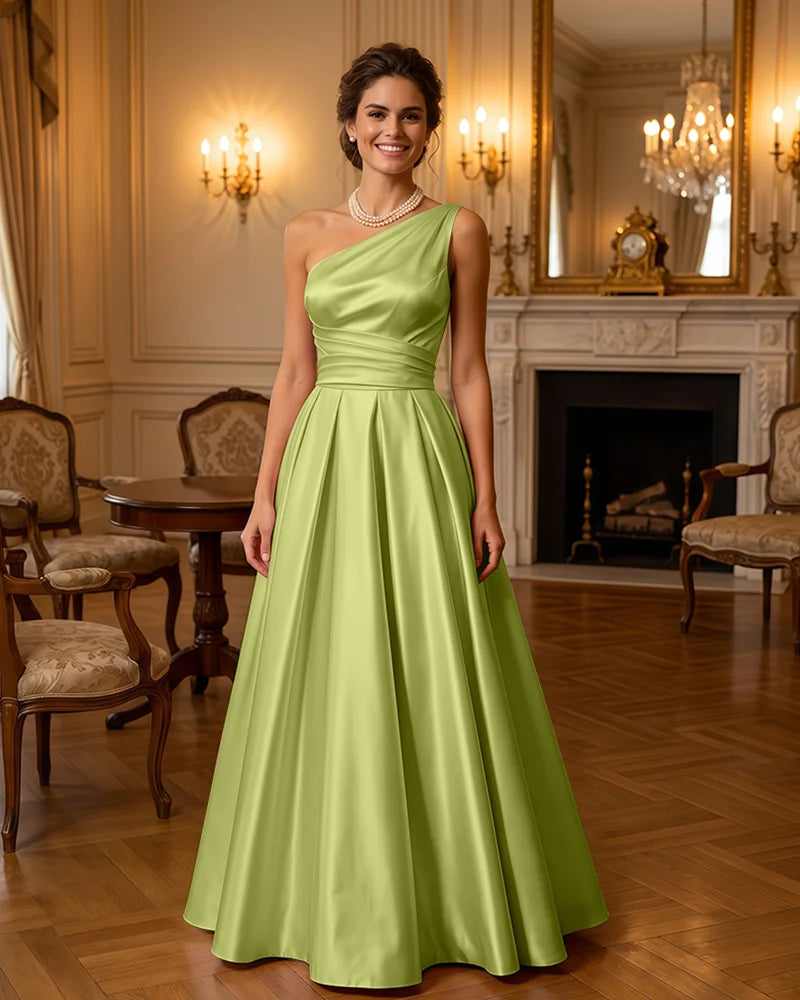 Satin Midi Dress Formal Occasion Gown with Ruched Bodice