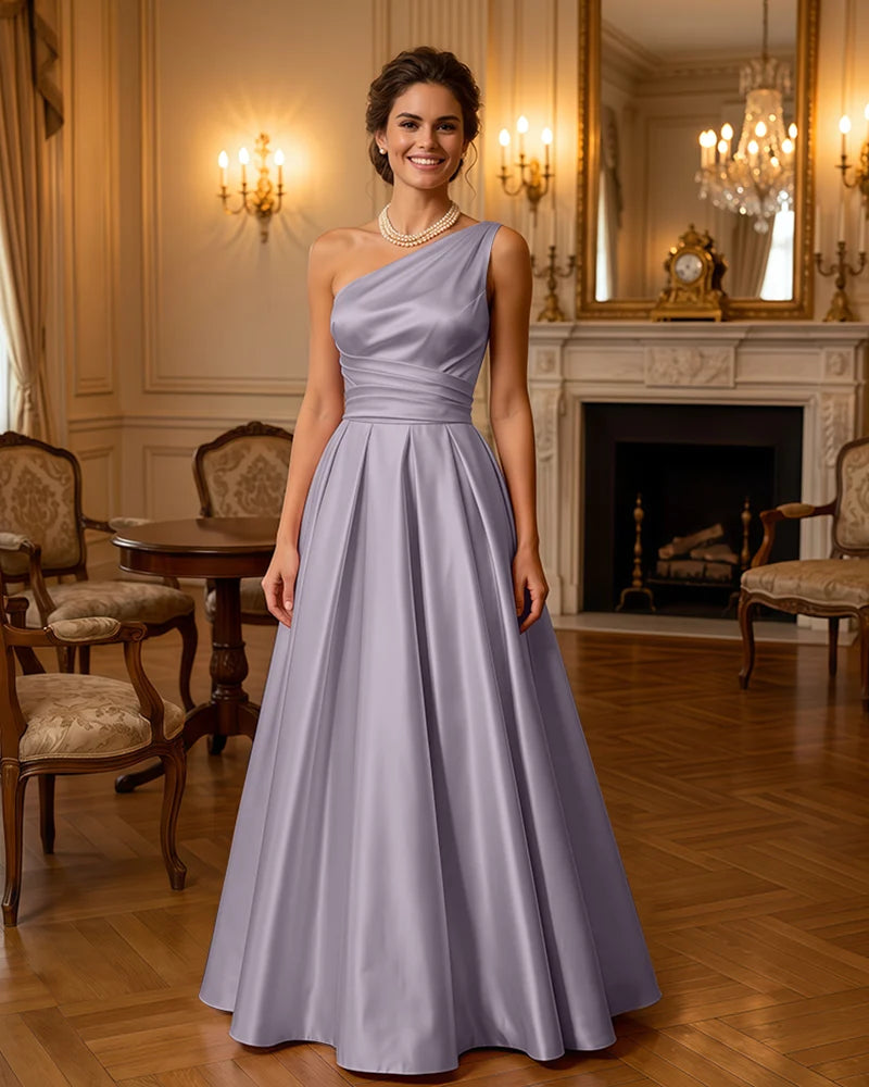 Satin Midi Dress Formal Occasion Gown with Ruched Bodice