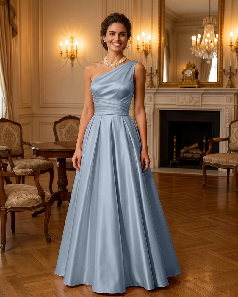 Satin Midi Dress Formal Occasion Gown with Ruched Bodice