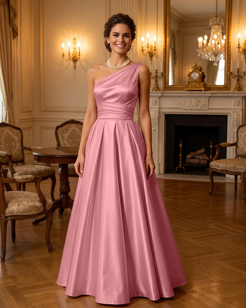 Satin Midi Dress Formal Occasion Gown with Ruched Bodice