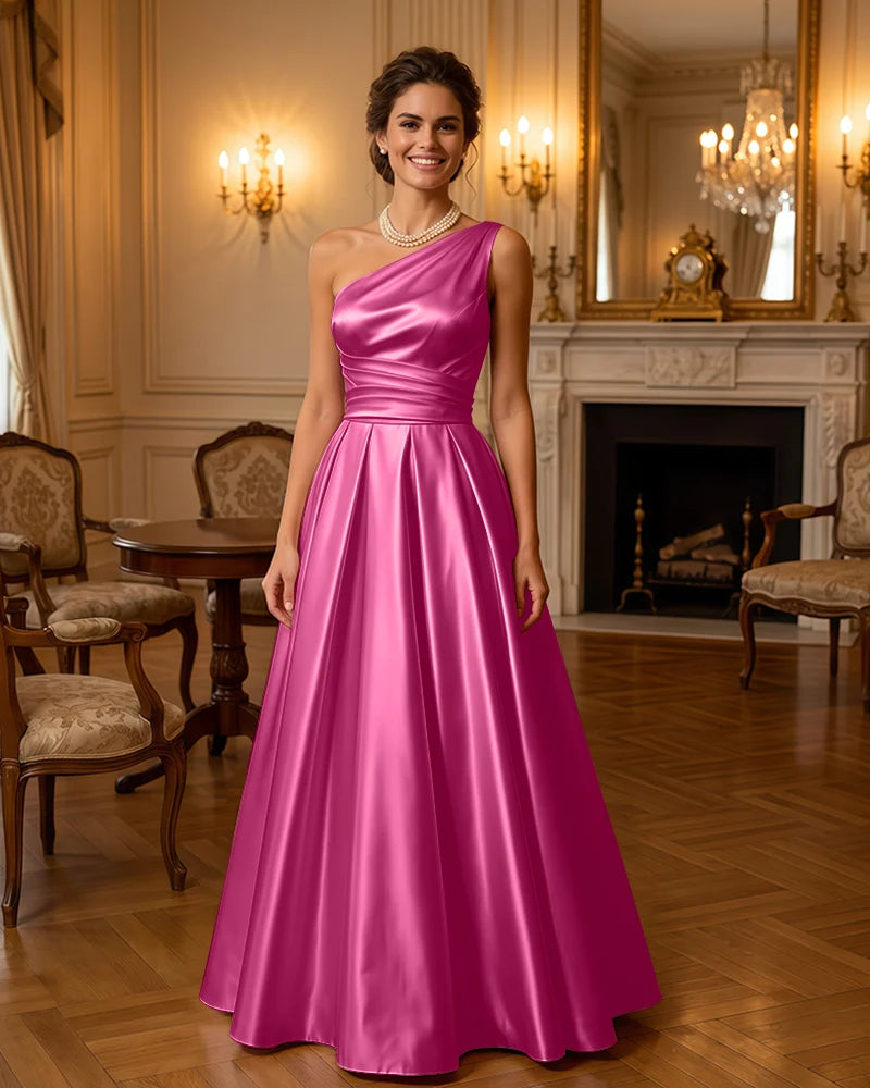 Satin Midi Dress Formal Occasion Gown with Ruched Bodice