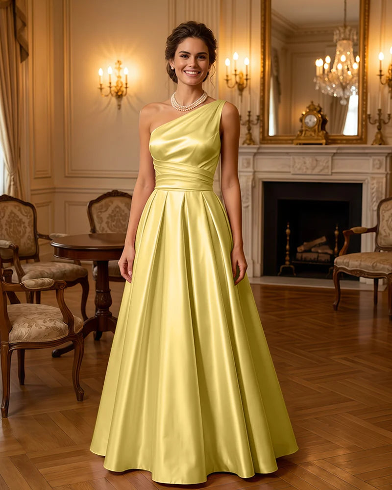 Satin Midi Dress Formal Occasion Gown with Ruched Bodice