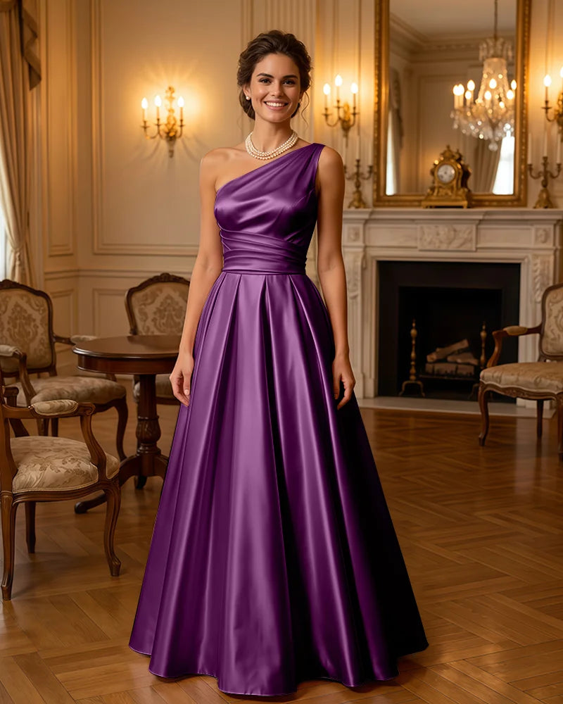Satin Midi Dress Formal Occasion Gown with Ruched Bodice
