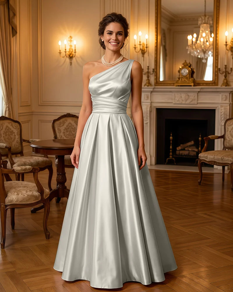 Satin Midi Dress Formal Occasion Gown with Ruched Bodice
