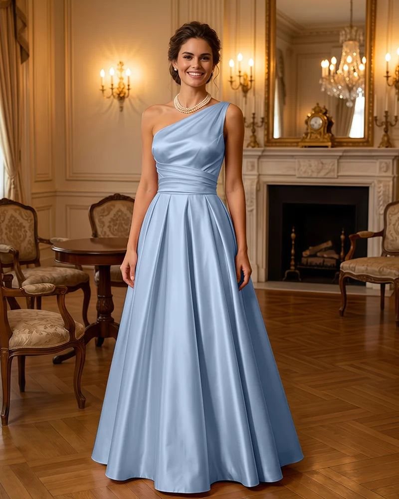 Satin Midi Dress Formal Occasion Gown with Ruched Bodice