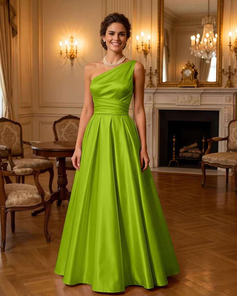 Satin Midi Dress Formal Occasion Gown with Ruched Bodice