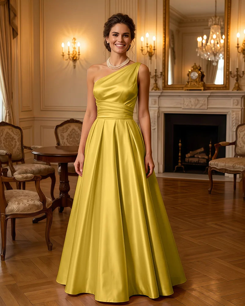 Satin Midi Dress Formal Occasion Gown with Ruched Bodice