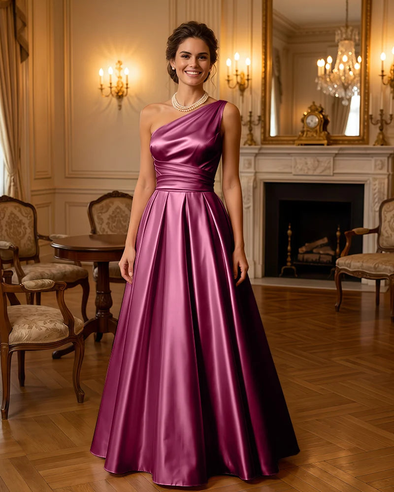Satin Midi Dress Formal Occasion Gown with Ruched Bodice