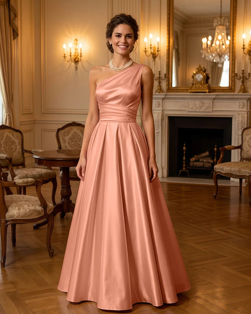 Satin Midi Dress Formal Occasion Gown with Ruched Bodice