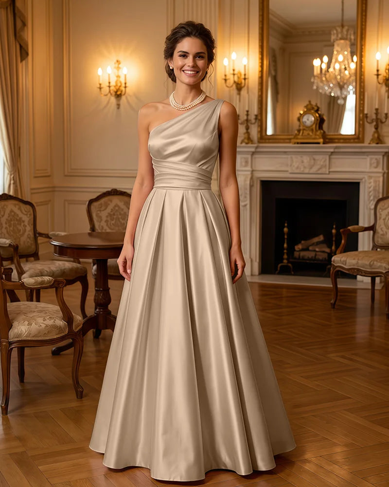 Satin Midi Dress Formal Occasion Gown with Ruched Bodice