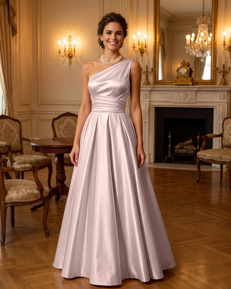 Satin Midi Dress Formal Occasion Gown with Ruched Bodice